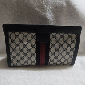 Vintage GUCCI Sherry Clutch Bag Purse Navy Authentic Signature Monogram Italy